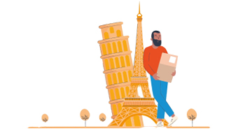Illustration of man holding parcel next to European landmarks