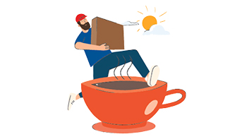 Postie with parcel in a coffee mug illustration